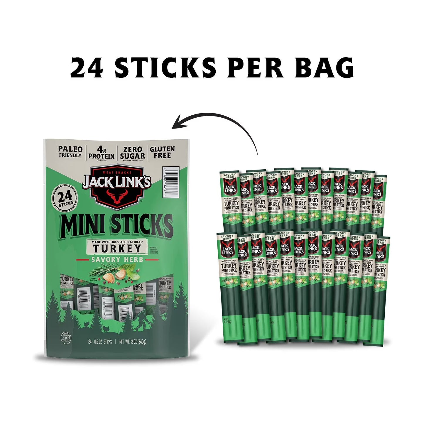 Jack Link's Turkey Jerky Savory Herb Mini Sticks, 0.5 oz, 24 ct