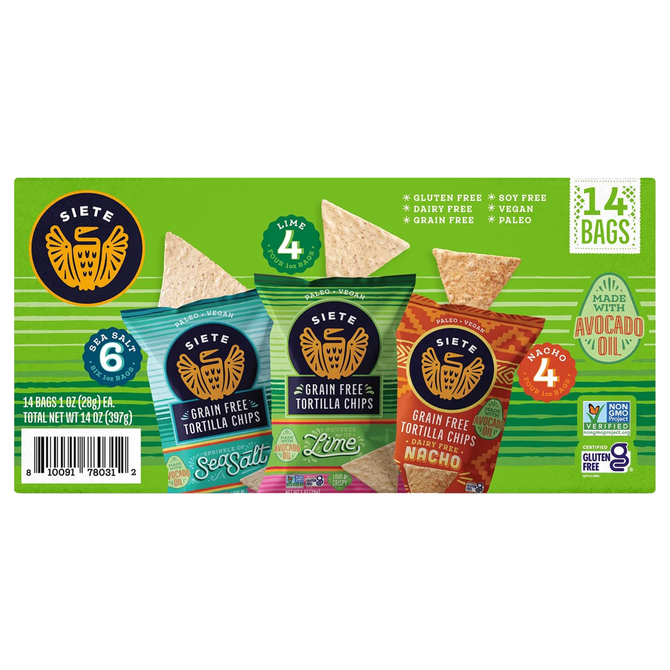 Siete Grain Free Tortilla Chips Variety Pack, 1oz. bags, 14 ct.
