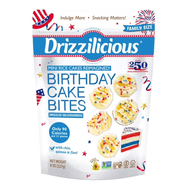 Drizzilicious America's 250th Red, White and Blue Birthday Cake Bites, 8 oz.