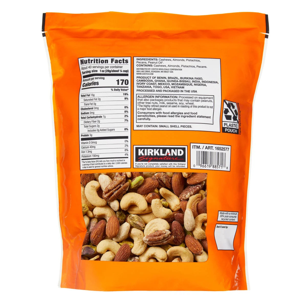 Kirkland Extra Fancy Unsalted Mixed Nuts, 2.5 lbs.