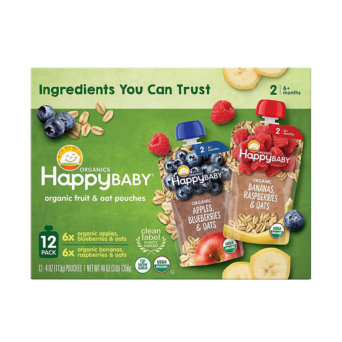 HappyBABY Organic Fruit & Oat Pouches Variety Pack, 12 ct.