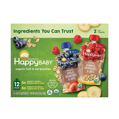HappyBABY Organic Fruit & Oat Pouches Variety Pack, 12 ct.