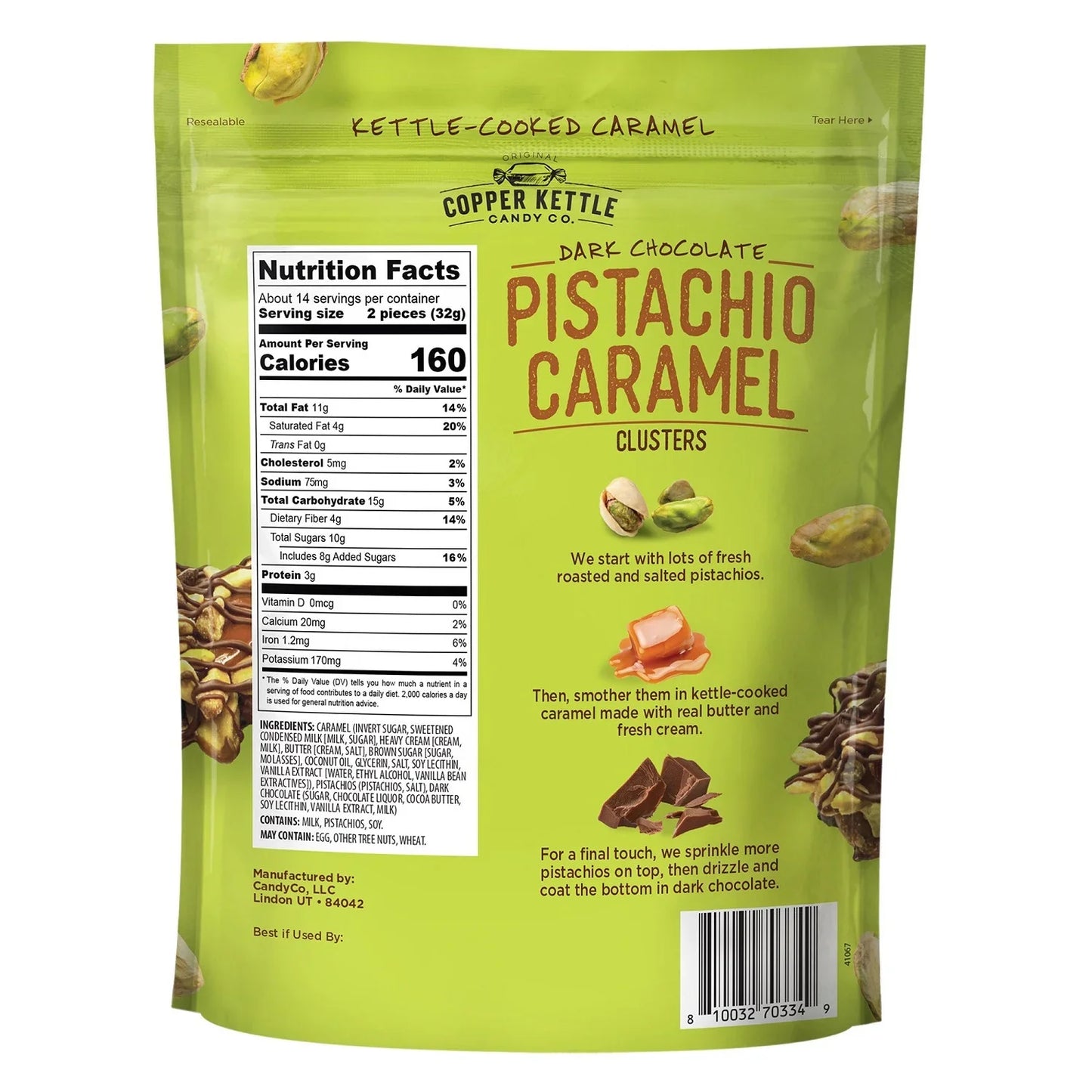 Copper Kettle Dark Chocolate Pistachio Caramel Clusters, 16 oz.
