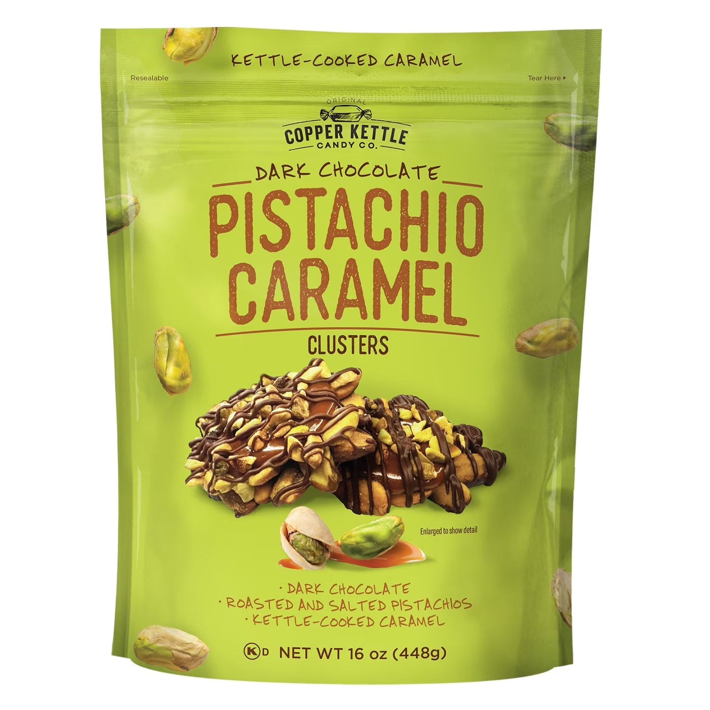 Copper Kettle Dark Chocolate Pistachio Caramel Clusters, 16 oz.