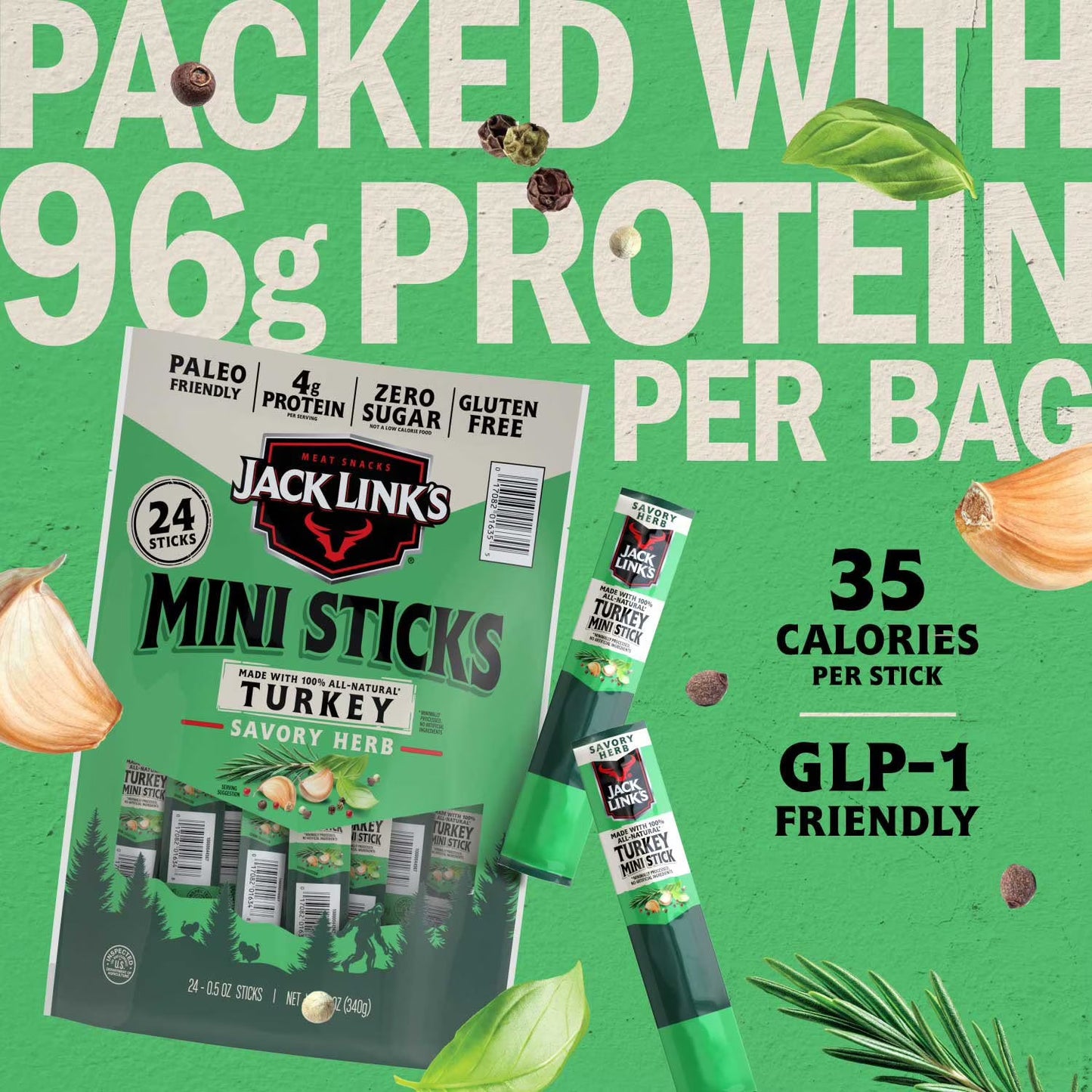 Jack Link's Turkey Jerky Savory Herb Mini Sticks, 0.5 oz, 24 ct