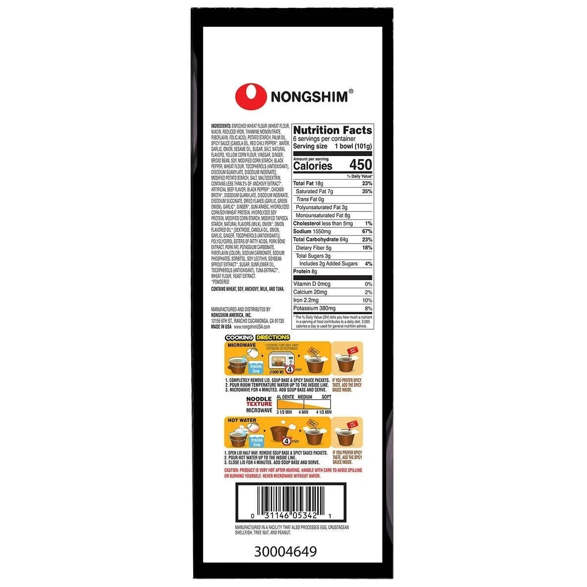 Nongshim Tonkotsu Ramen Bowls, 3.56 oz, 6 ct.