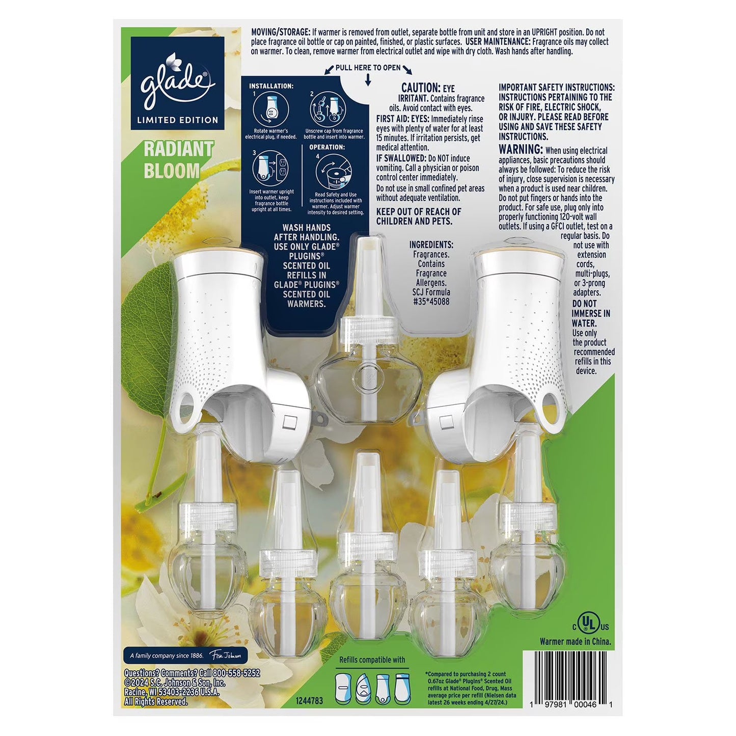 Glade Scented Plug-Ins, Radiant Bloom, 2 Warmers + 6 Refills