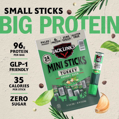 Jack Link's Turkey Jerky Savory Herb Mini Sticks, 0.5 oz, 24 ct