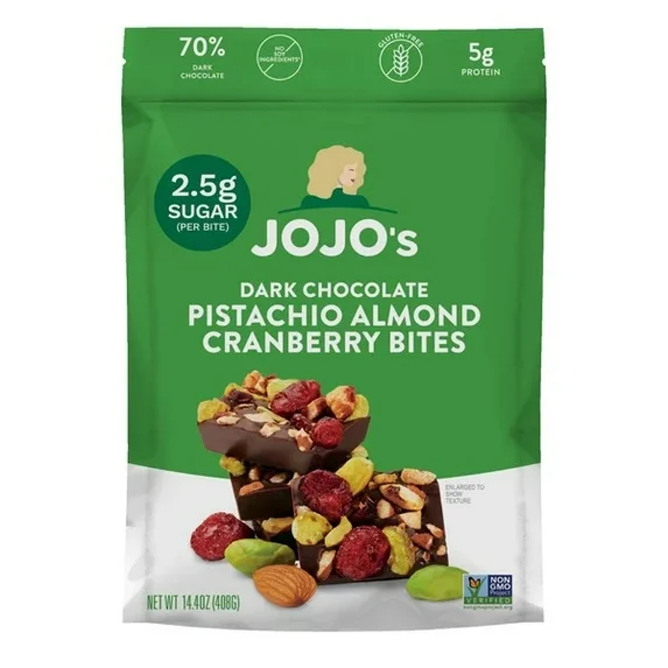 Jojo's Dark Chocolate Pistachio Almond Cranberry Bites, 14.4 oz.