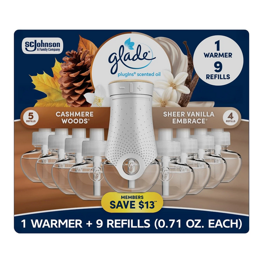Glade PlugIns Scented Oil Cashmere Woods & Vanilla Embrace, 1 Warmer 9 Refills