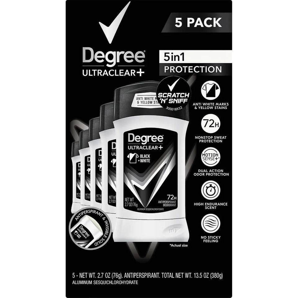 Degree Men UltraClear+ Deodorant Black and White, 2.7oz (5 pack)
